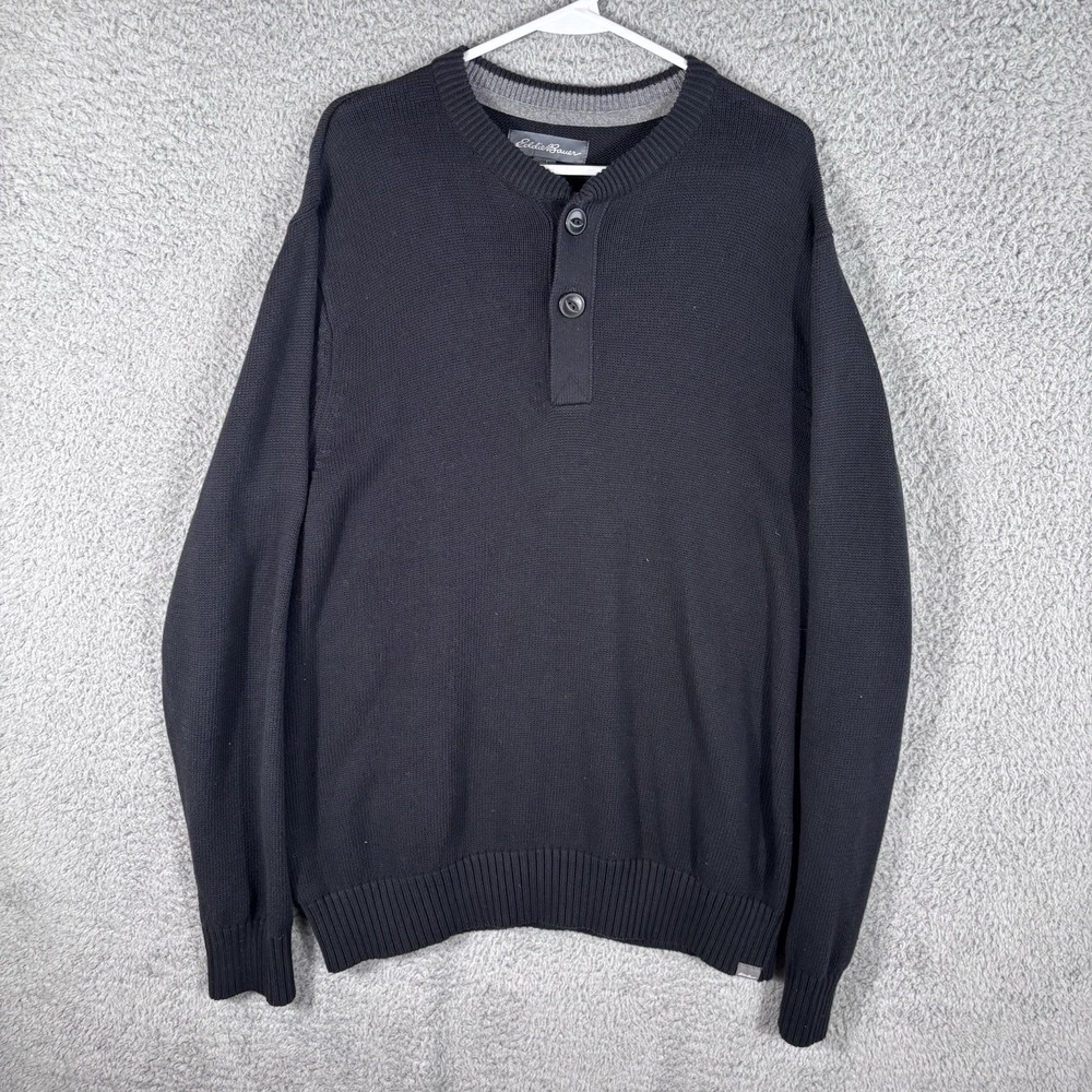 Eddie Bauer Henley Sweater Mens L Black Pullover Knit Cotton Heavy‎ Pullover
